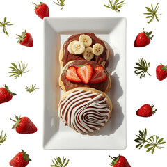 Three delicious pastries with fruit and chocolate spread isolated on transparent background