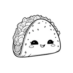 tacocute food kawaii coloring book, black & white designs, line art vector illustration, coloring page, coloring book