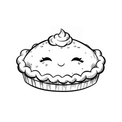 pie cute food kawaii coloring book, black & white designs, line art vector illustration, coloring page, coloring book