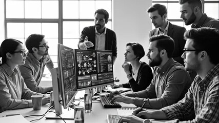 Cybersecurity Team Collaboration - A diverse team of software developers collaborates around large computer monitors displaying cybersecurity data. - Powered by Adobe