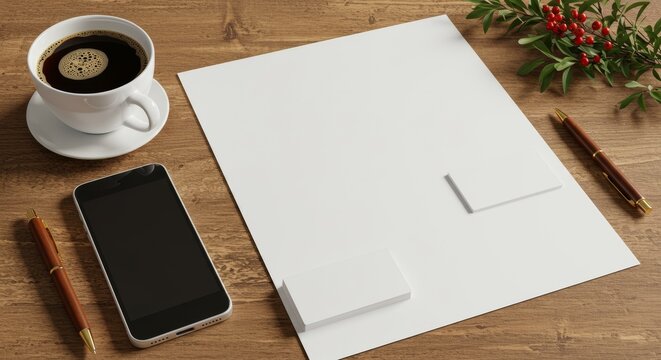 Flat Lay Coffee Cup, Smartphone, Pen, and Business Cards on Rustic Wooden Desk with Green Leaves and Red Berries