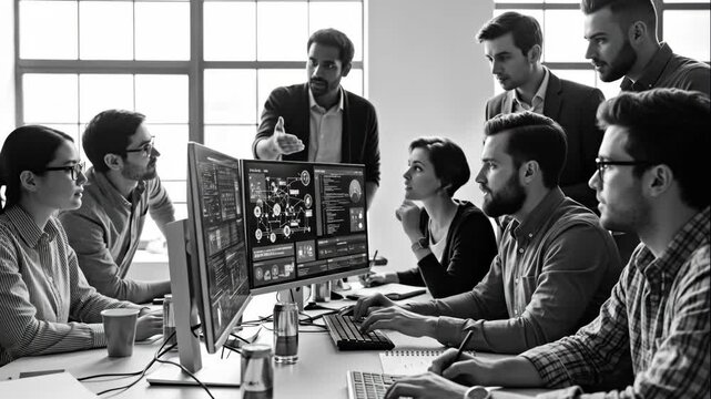 Cybersecurity Team Collaboration - A diverse team of software developers collaborates around large computer monitors displaying cybersecurity data. - Powered by Adobe