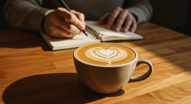 Coffee Break with Latte Art and Journaling , A Warm Wooden Table Scene of Inspiration and Reflection - Powered by Adobe