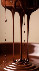 Melted chocolate cascades down, creating swirling patterns on a surface.