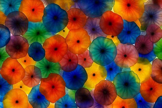 Vibrant abstract photograph of multicolored glass flowers forming a ceiling or dome, inspired by blown glass art installations