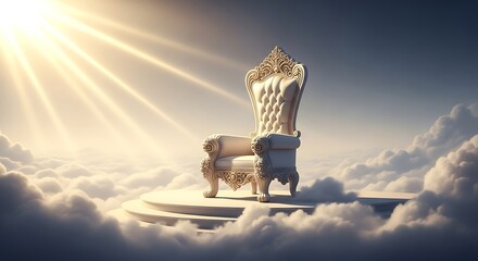 A regal throne chair, ornate and white, sits atop a tiered platform amidst a field of fluffy clouds, bathed in a radiant sunrise glow.