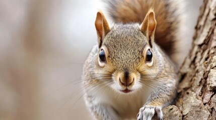 Obraz premium Close-up of a curious squirrel on a tree trunk in natural habitat. SQUIRREL AWARENESS MONTH