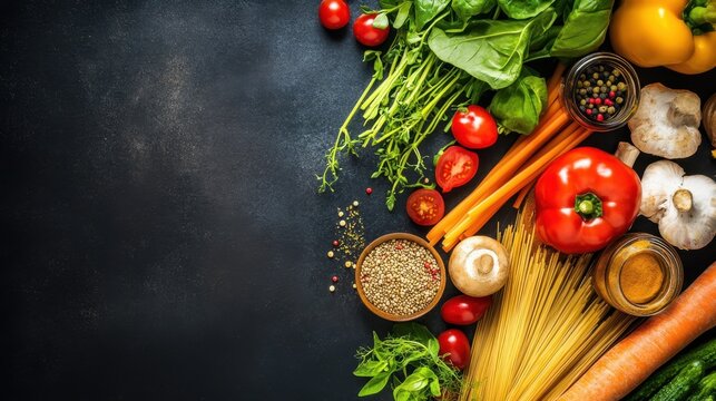 Fresh vegetables and herbs with pasta on dark background, World Food Day