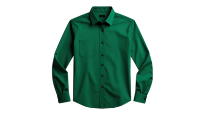 A vibrant emerald green long-sleeve button-down shirt stands out against a dark background.
