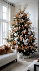 Elegant christmas tree with gold decor in minimalist living room