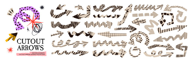 Fototapeta na wymiar Paper arrow sticker set with torn pattern and scribble doodle for scrapbook design. Bold and grunge paper arrow sticker set with torn edges, crayon scribbles and hand drawn funky patterns.