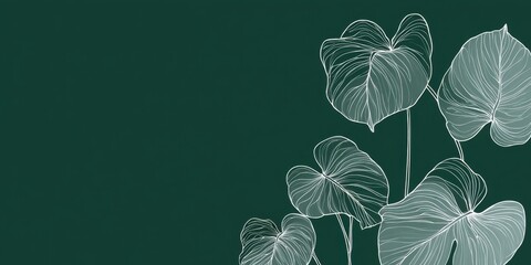 White line art of monstera leaves on dark green background