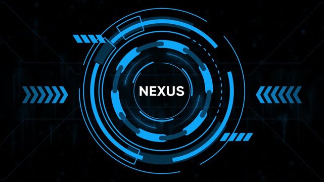 Futuristic Blue Circular HUD Element with the Word NEXUS on a Dark Digital Background nexus technology