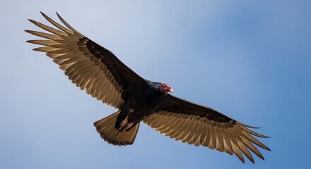 A magnificent turkey vulture soars through a clear, light-blue sky, its broad wings outstretched against the vast expanse.