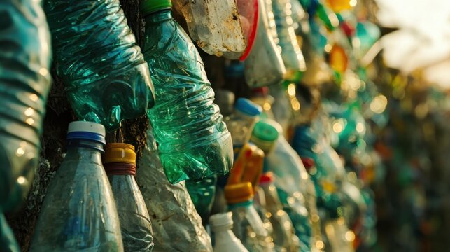 Plastic waste bottles lined up on a wall at sunset in an urban recycling area, showcasing environmental issues