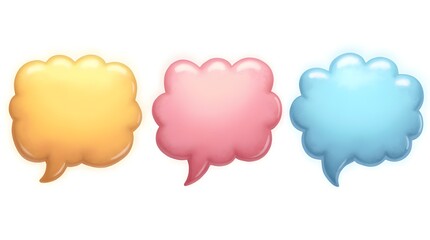 Three glossy, cloud-shaped speech bubbles in yellow, pink, and blue, arranged horizontally on a white background.