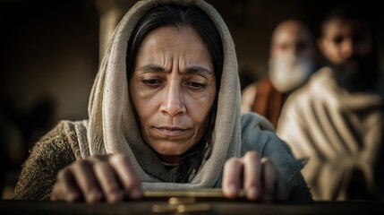 A poor widow gently drops two small coins into the offering, her humble act of faith and generosity shining amidst simplicity and devotion.