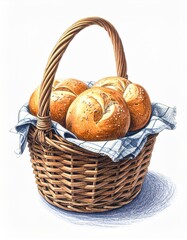 Basket of Freshly Baked Bread Rolls with Sesame Seeds on Blue Checked Cloth