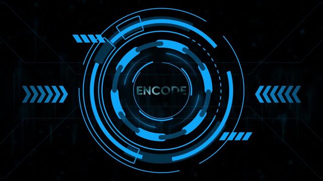 Futuristic Blue HUD Circle Interface with the word ENCODE in the center encode technology