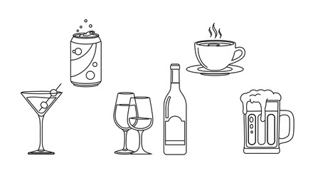 Collection of various drinks, including alcoholic and nonalcoholic beverages for refreshment