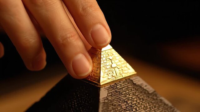 Close up of hand placing golden pyramid capstone miniature on black textured base, symbolizing precision and craftsmanship with intricate details illuminated by warm lighting
