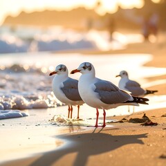 Fototapeta premium Seagulls on golden beach