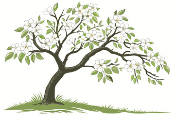 Obraz premium Beautiful pear tree in spring with white blossoms and lush green foliage vector illustration