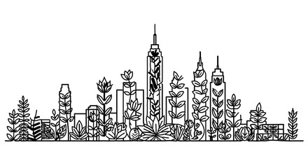 Fototapeta premium Green city concept, line art vector illustration urban landscape with plants