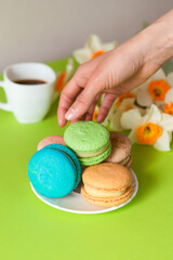several beautiful traditional macaroons and coffee on white dishes, with daffodils nearby, on a green plain background