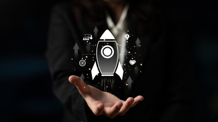 Startup launch and business growth concept, rocket symbolism, entrepreneurship, startup innovation,...
