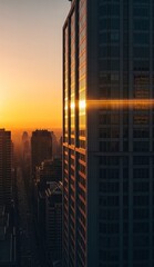 A tall building gleams in the sun part of a dense city skyline during a sunset or sunrise