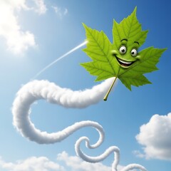 A vibrant green maple leaf with a happy expression floats amidst swirling clouds in a cerulean sky.