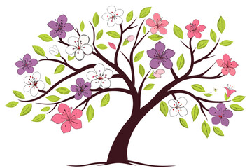 Vibrant spring tree with mixed blossoms and new leaves vector illustration scalable
