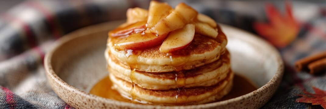 Stack of mini pancakes with maple syrup and caramelized apples on rustic plate, cozy autumn breakfast