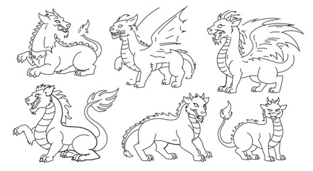Collection of dragon illustrations in outline style, for fantasy and mythical themes