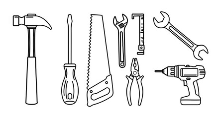 Obraz premium Hand tools collection, featuring hammer, screwdriver, saw, wrench, and drill