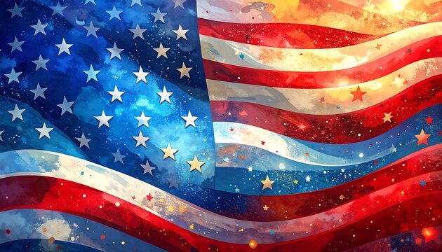 Abstract American flag, vibrant colors, space-themed