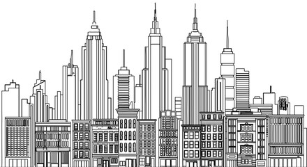 New york city skyline illustration, a detailed cityscape with iconic buildings in monochrome
