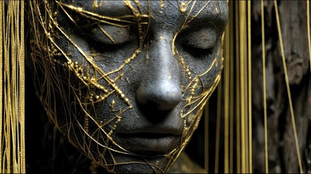 A stone face with closed eyes is wrapped in thin golden threads and beads forming an intricate pattern, resembling a net covering the surface of the skin