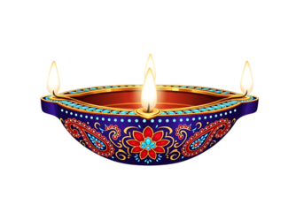 Ornate indian diya oil lamp with three flickering flames illuminated during a festival or celebration isolated on transparent background