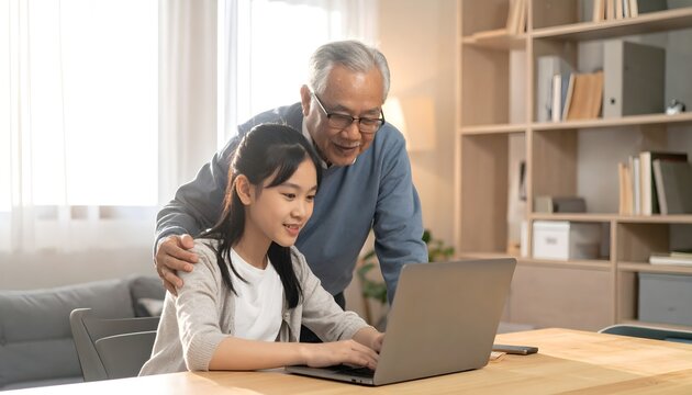 Grandfather and granddaughter using a laptop at a table, learning together