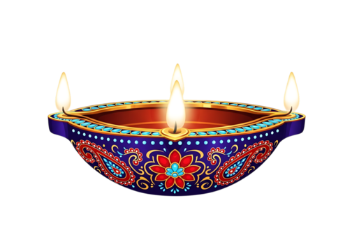Ornate indian diya oil lamp with three flickering flames illuminated during a festival or celebration isolated on transparent background