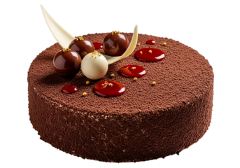 Decadent round chocolate cake with glossy red glaze and chocolate spheres isolated on transparent background