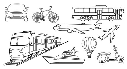 Illustration of various transportation methods, including car, bike, and airplane