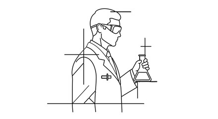 Illustration of a scientist holding a flask, wearing safety glasses and a lab coat