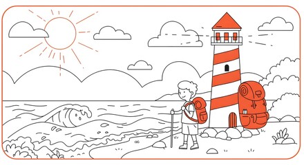 Naklejka premium Illustration of a hiker with a backpack standing by a lighthouse near the ocean with waves under a sunny sky and clouds, a symbol of adventure and exploration