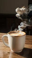 A white mug of coffee sits on a wooden table steam rising above the cup
