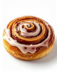 Cinnamon Roll with White Glaze on White Background in Studio Lighting