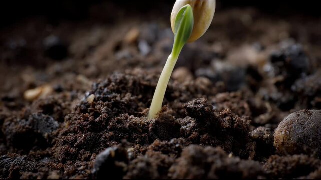 A green sprout with an opening seed emerges from moist soil and slowly rises upward