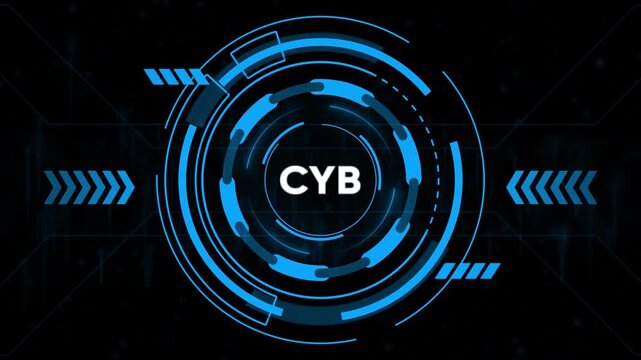 Futuristic Blue Circular HUD Interface with CYB Text on Dark Digital Background technology